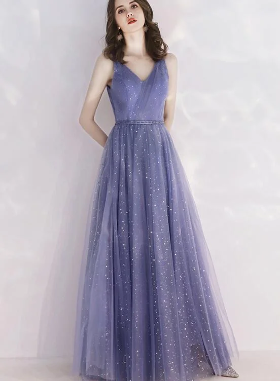 Women's Party Outfit Charming Tulle Purple V-Neckline Long Formal Dress, Shiny Tulle Low Back Wedding Party Dress  gh96