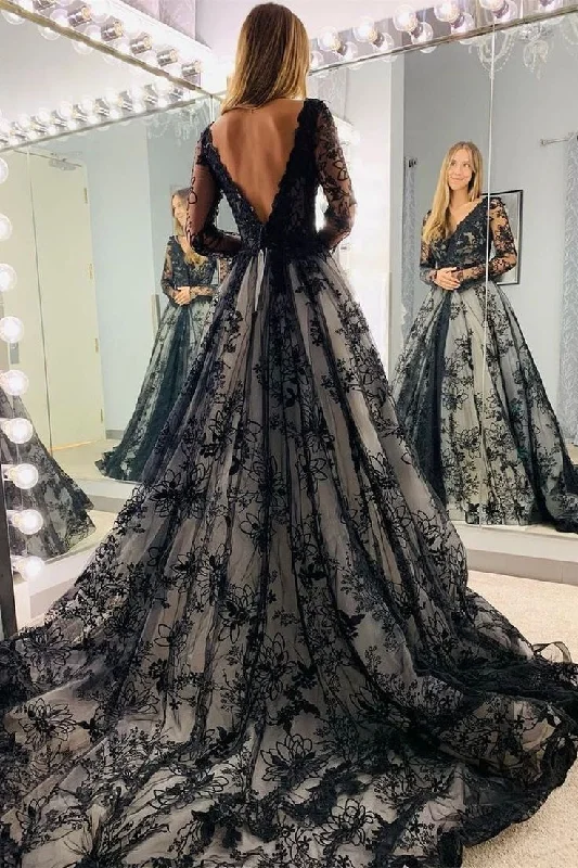 Classic Clothes For Women Black Appliques Illusion Long Sleeves Deep V Neck Long Wedding Dress gh2759