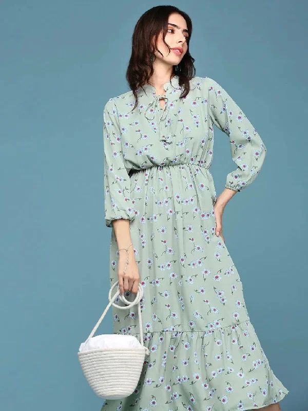 Women's Comfortable Lounge Attire Women's Green Floral A-Line Dress-AE-9909-Green