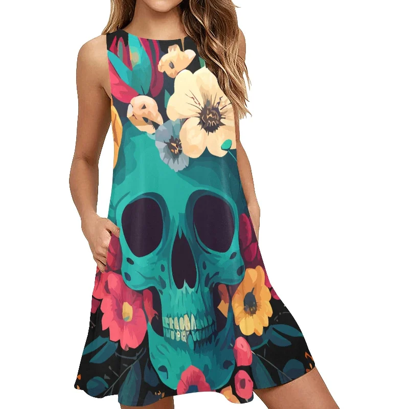 Women's Clothing Sets Women's Blue Skull Floral Sleeveless A-Line Pocket Dress