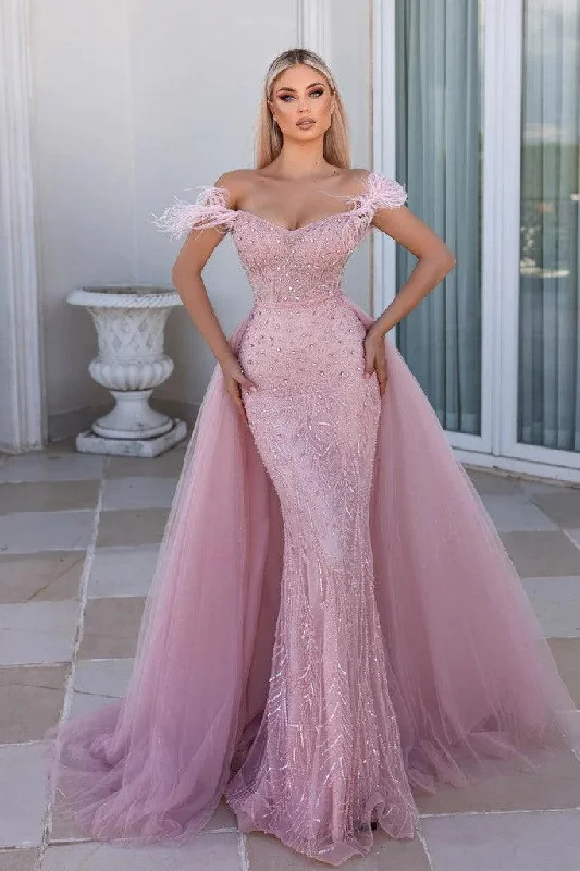 Chic Women's Outfit Portia and Scarlett PS23961 Long Feather Off Shoulder Prom Gown