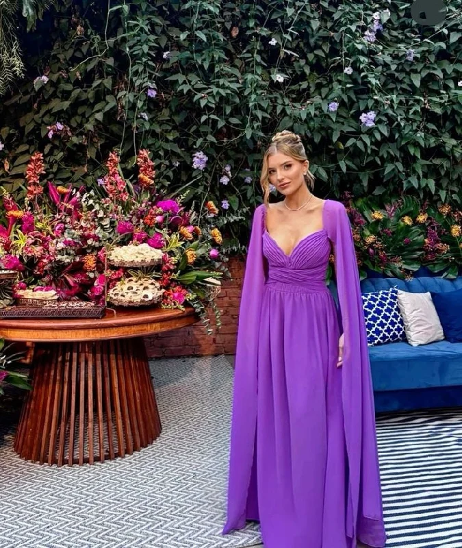 Women's Clothes For Special Occasions Purple Cape Sweetheart Neck Long Chiffon Evening Dress Party Dress Wedding Guest Dress gh3070