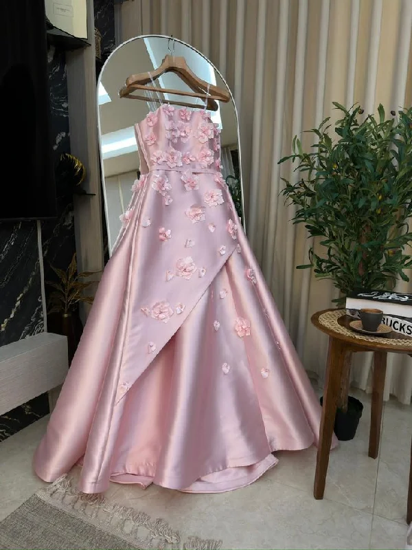 Chic Clothes For Women Pink Delicate Sweet Transparent Strap Applique Floral Long Satin Formal Prom Dress Evening Gown gh3146