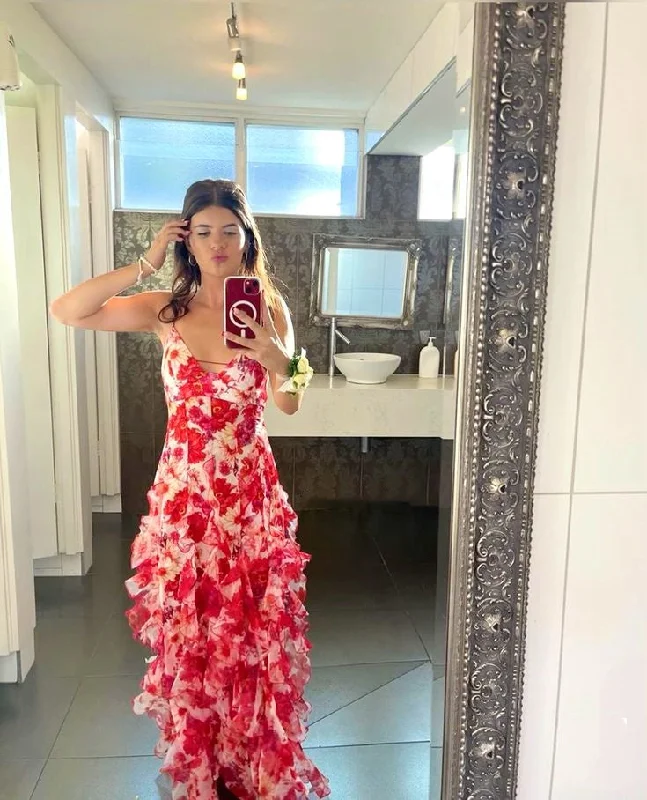 Women's Clothes And Apparel Hot Red Floral Print A-Line Backless Ruffle Long Chiffon Elegant Sexy Ball Gown Evening Dress Party Dress gh3185