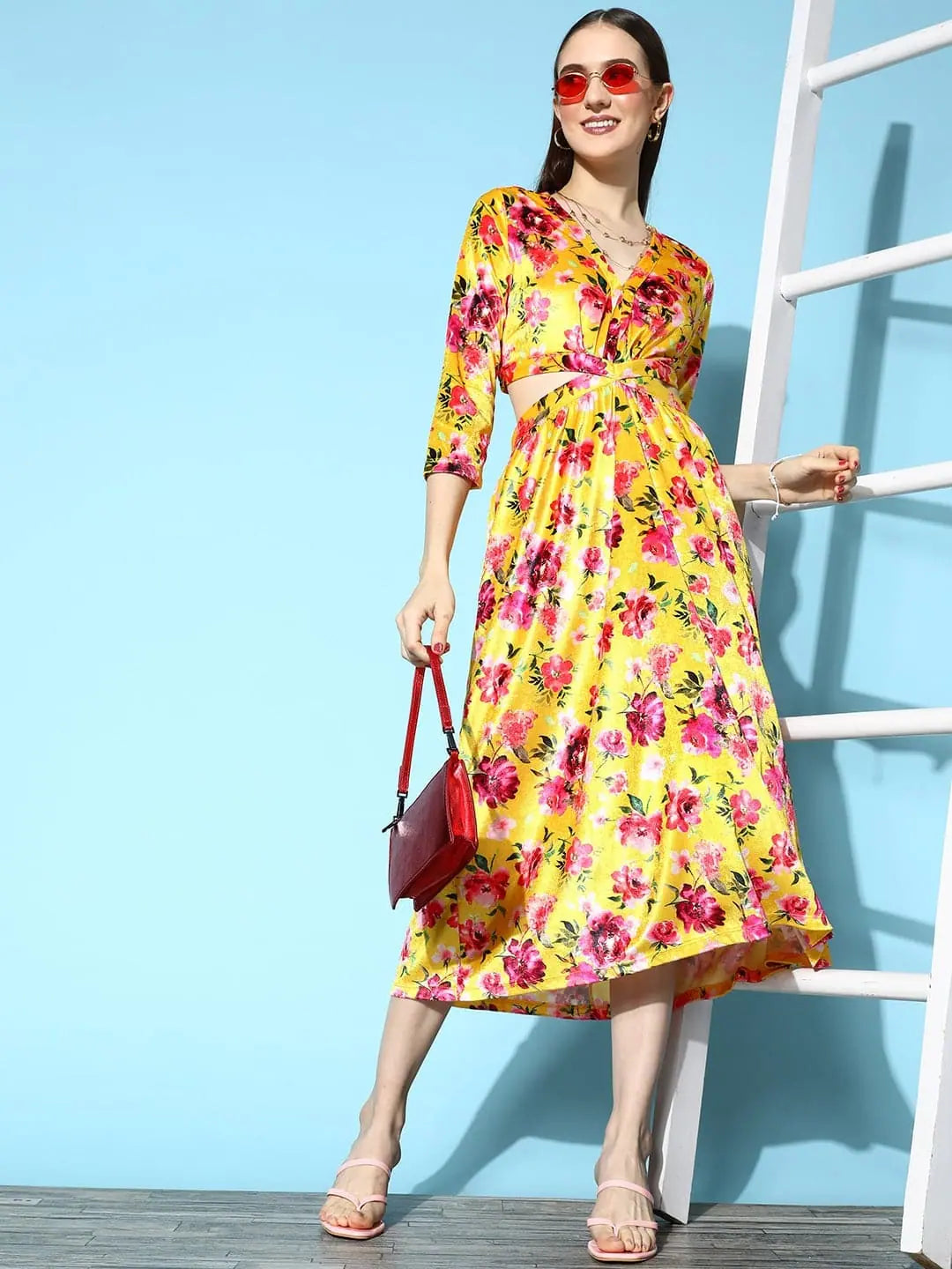 Women's Vacation Garments Women Yellow Floral Velvet Side Cut-Out Midi Dress