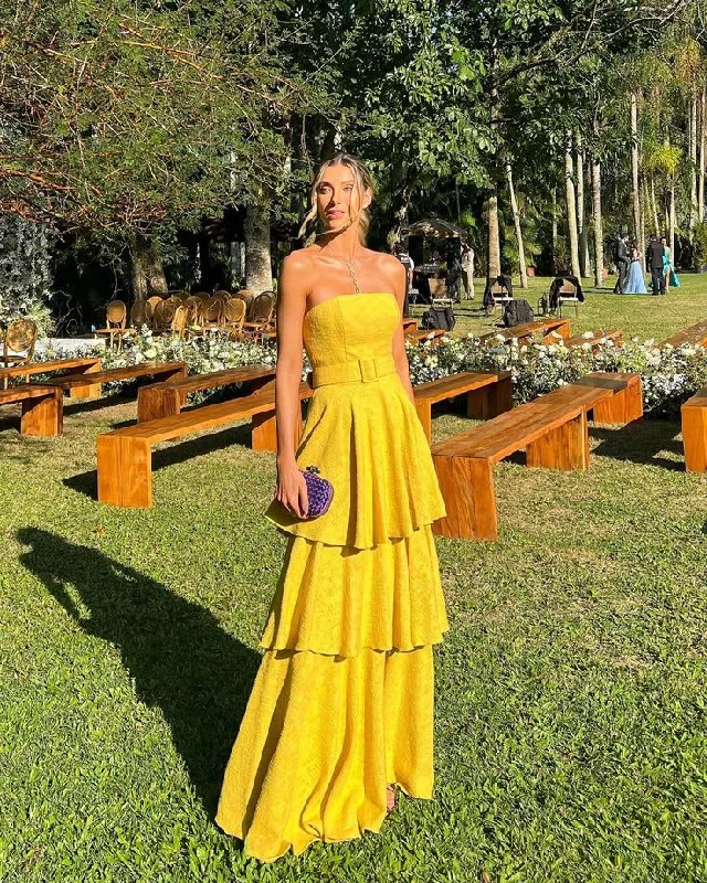 Women's Clothing Sets Yellow Fashion Elegant Strapless Long Satin Ruffle Ball Gown Evening Dress Wedding Guest Party Dress gh3159