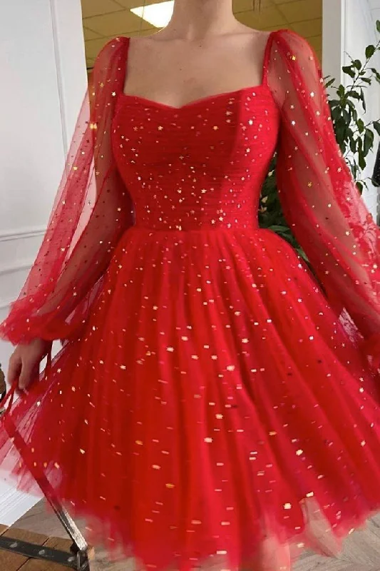 Women's Stylish Professional Garments Sparkle Short Red Tulle Prom Dress Long Sleeves Wedding Guest Dress