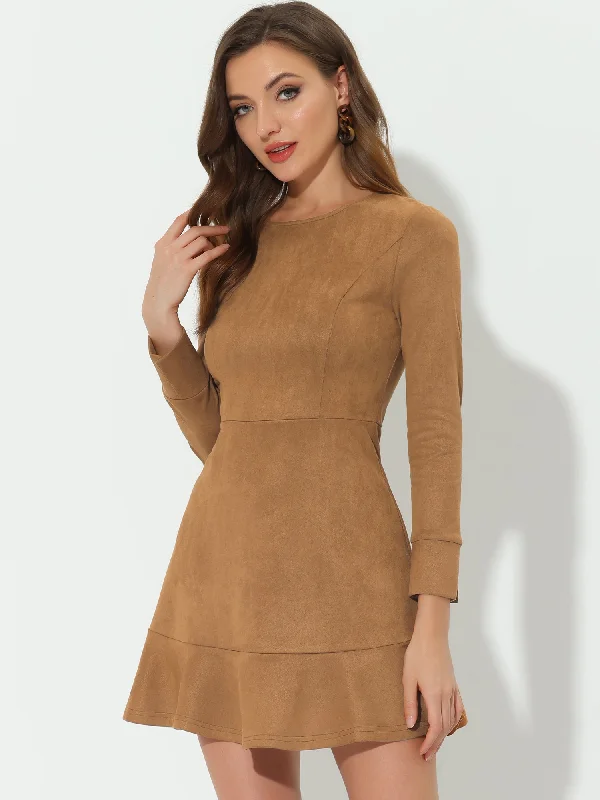 Women's Clothing For Outdoor Activities Faux Suede Round Neck Long Sleeve Ruffle Hem Party Mini Dress