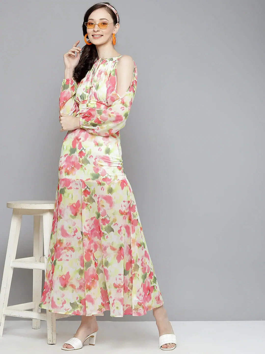 Charming Women's Outfit For Special Occasions Women White & Pink Floral Cold Shoulder Maxi