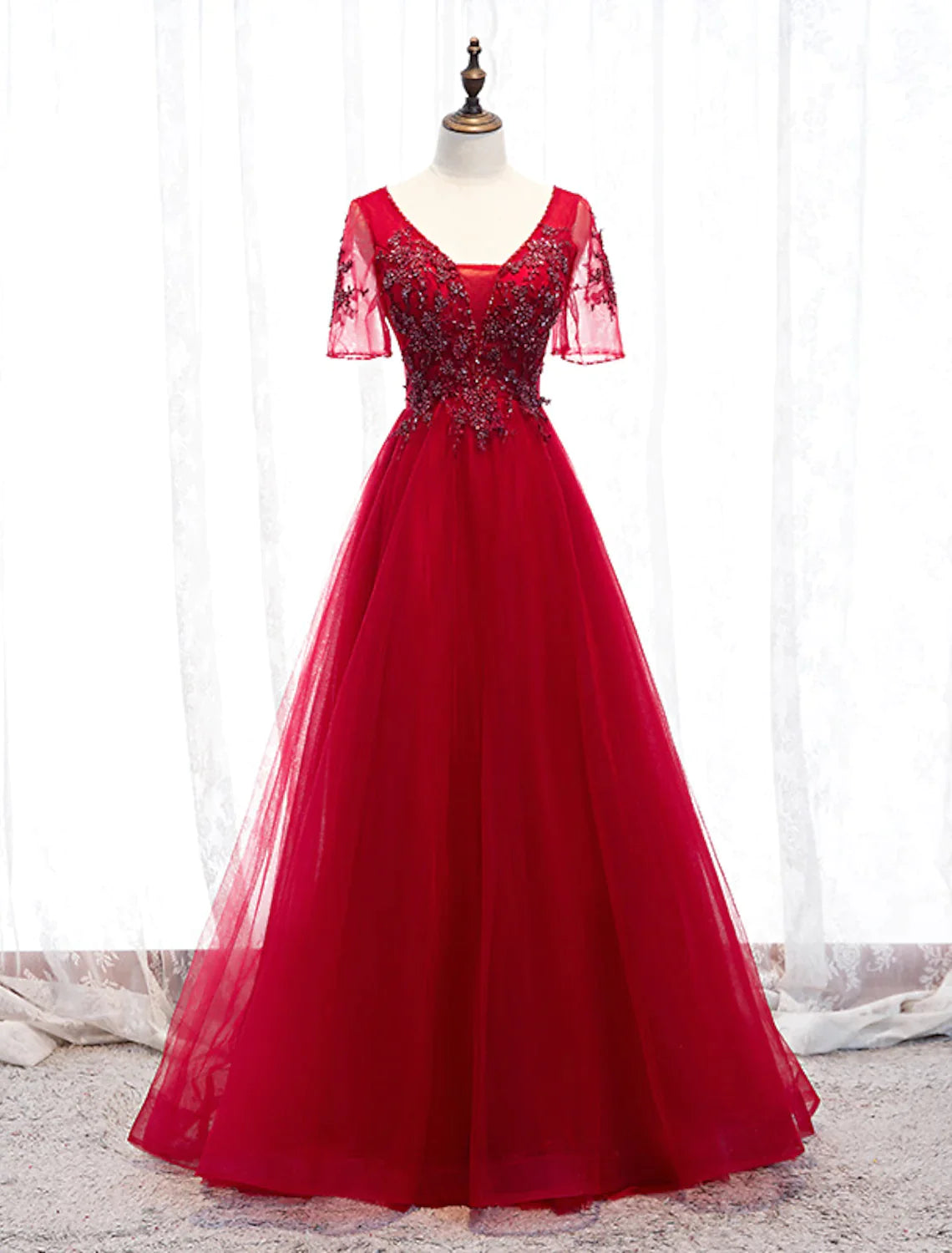 Women's Chic Outerwear Attire A-Line Prom Dresses Luxurious Dress Wedding Guest Floor Length Short Sleeve Strap Tulle Beading