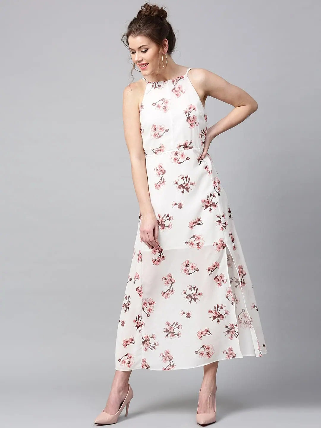 Stylish Outerwear Clothing For Women Ivory Floral Halter Maxi