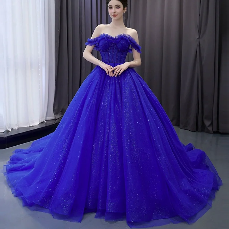 Women's Outdoor Attire Royal Blue Sparkly Tulle Wedding Gown Off the Shoulder Formal Dress