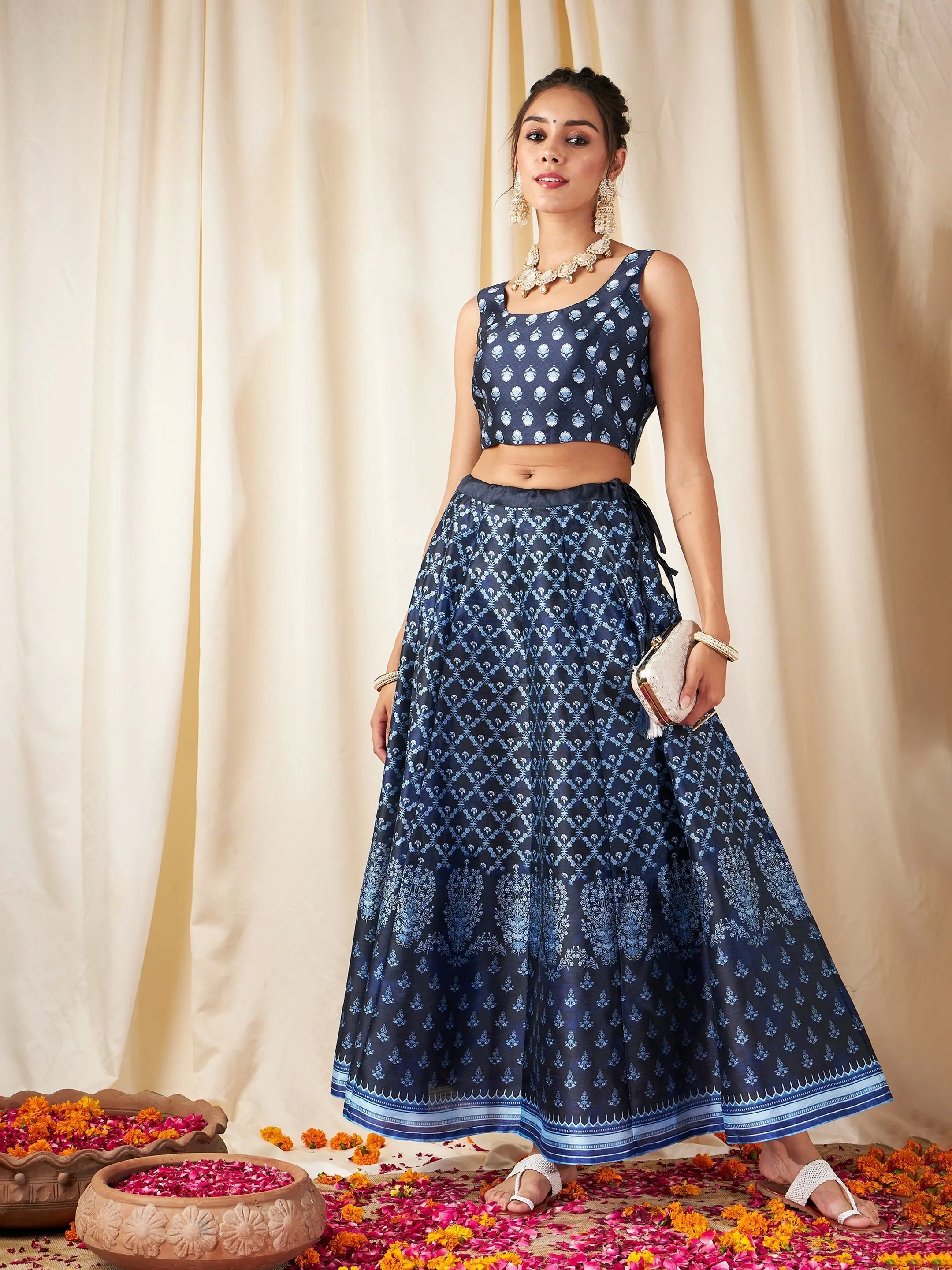 Vintage Clothing For Women Women Navy Floral Anarkali Skirt With Crop Top