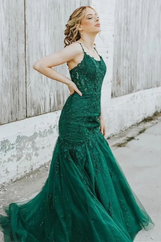 Women's Holiday Outfit Green Mermaid Newest Long Prom Dresses, Lace Girl Graduation Party Dresses, Appliques Wedding Guest Dresses