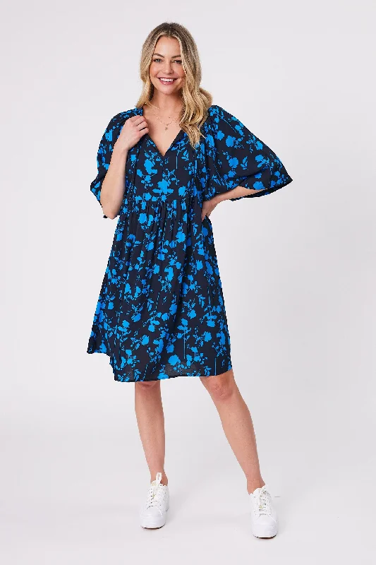 Women's Athletic Apparel Gloss by Shine On Antonia Wide Sleeve Dress Black Blue Floral