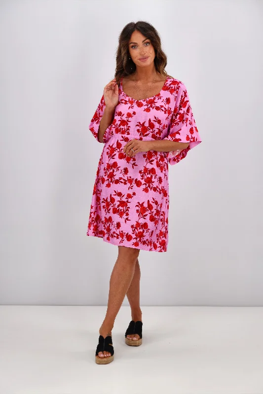 Women's Work Outfit Gloss by Shine On Erin Kimono Sleeve Dress Pink Red Floral