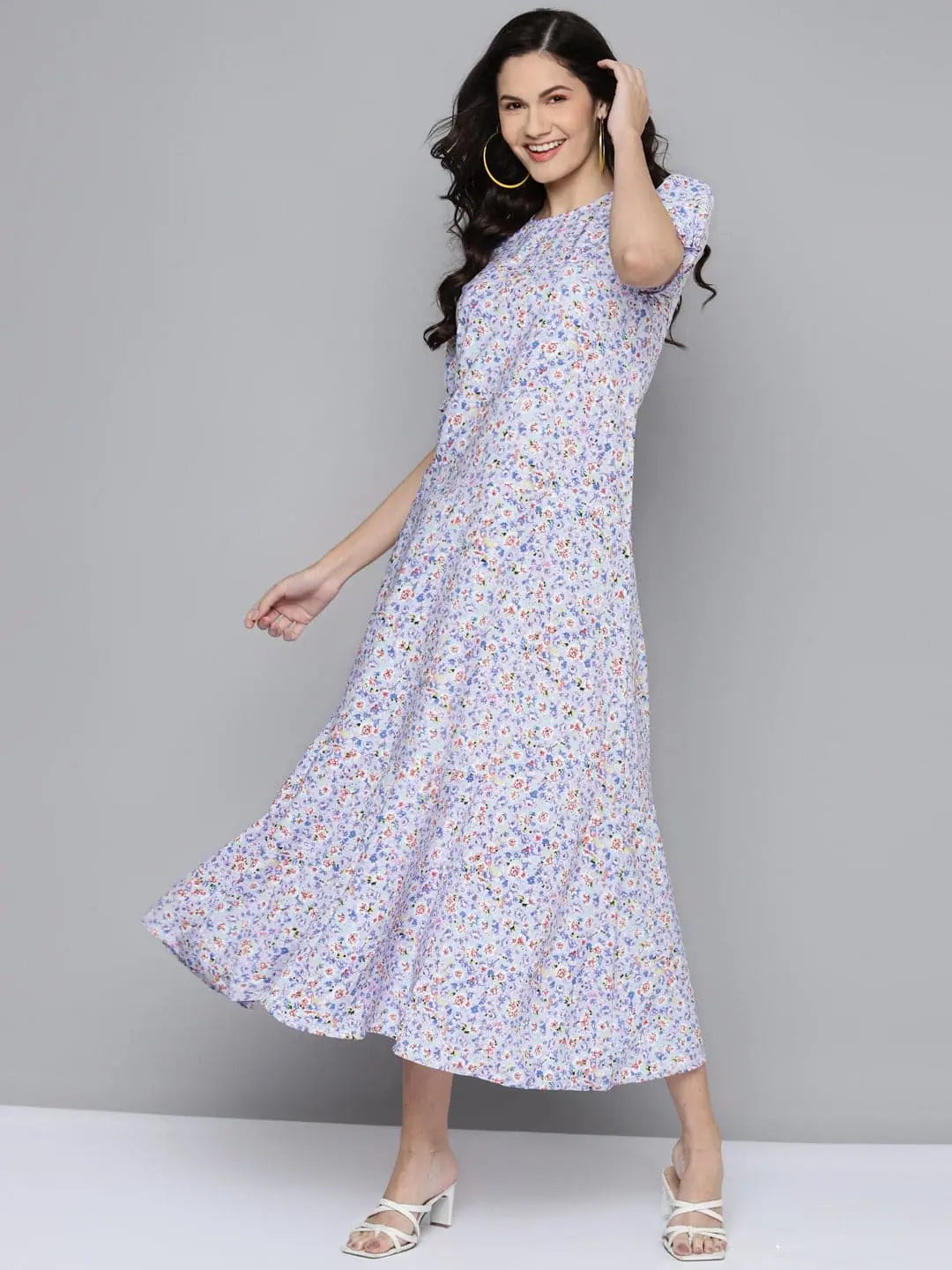 Women's Evening Attire Women Blue Ditsy Floral Puff Sleeve Tiered Maxi Dress