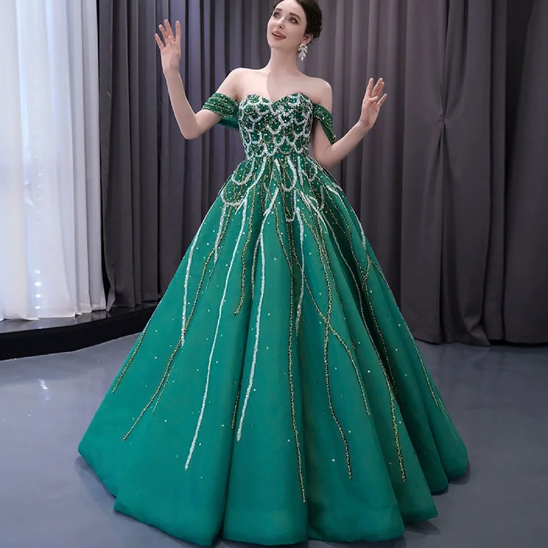 Women's Vacation Attire Spring Green Beaded Wedding Dress Off the Shoulder Quinceanera Gown