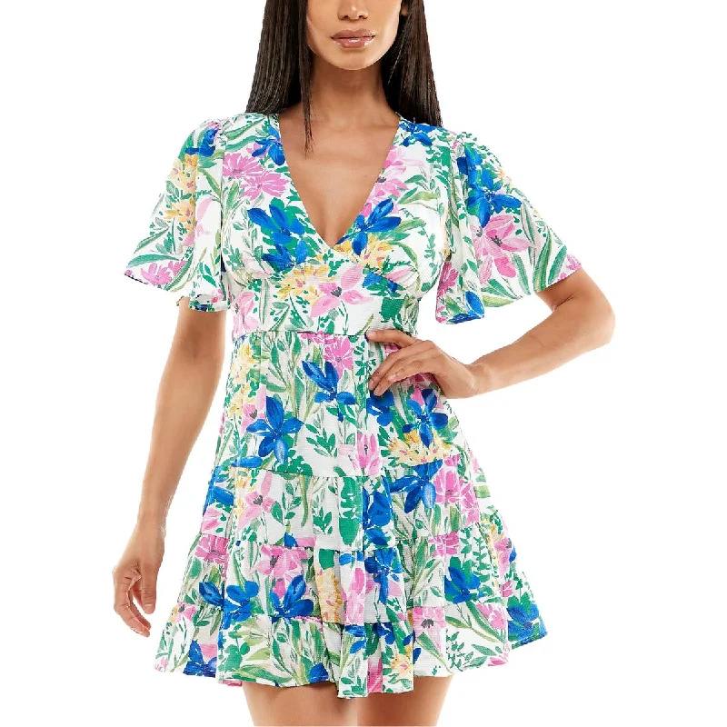 Women's Formal Event Attire B. Darlin Womens Juniors Floral Print Polyester Fit & Flare Dress