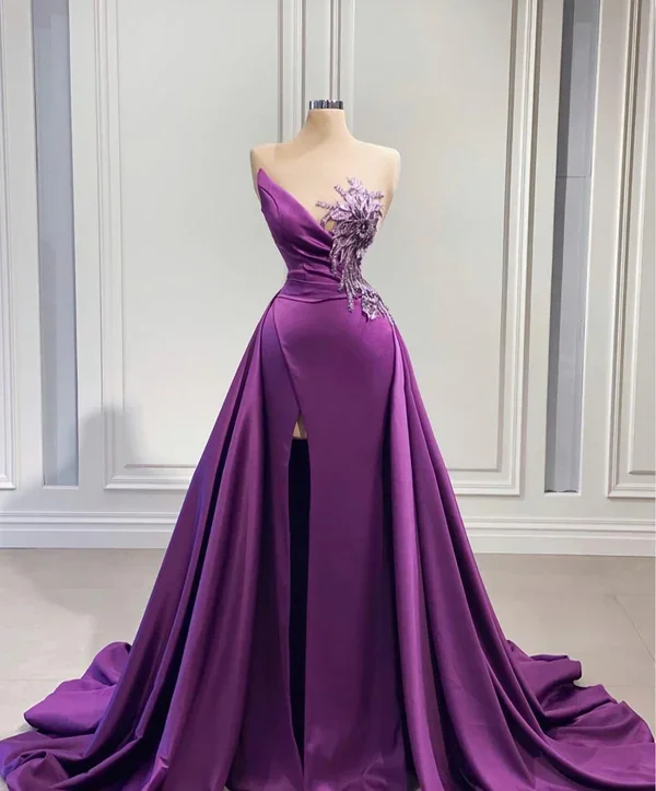 Formal Clothing For Women Purple high slit train mermaid dress wedding reception dress satin lace wedding dress ball gown evening dress gh2446