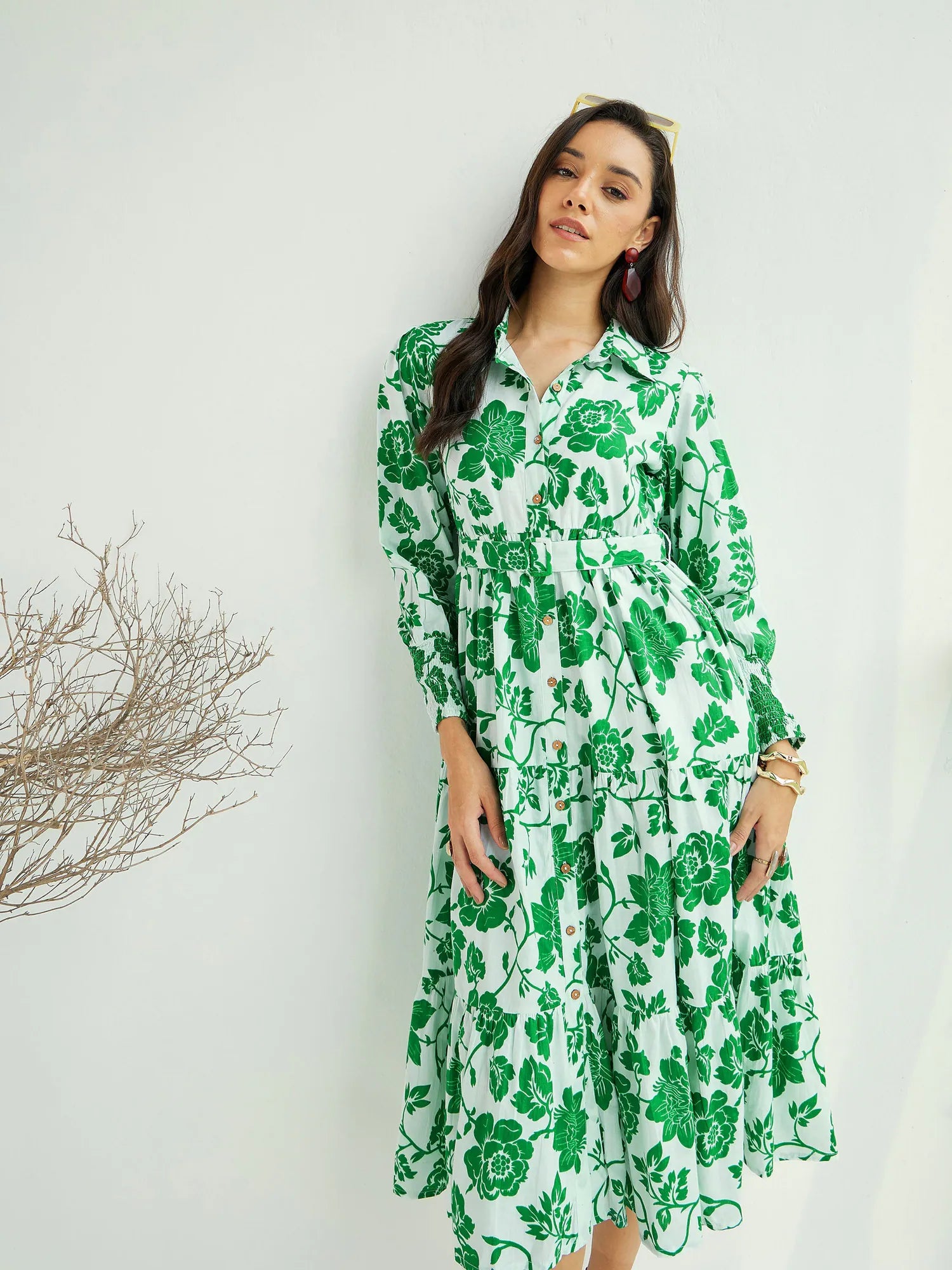 Women's Effortless Casual Outfit Women White & Green Floral Front Button Midi Dress-SFDRSS12449