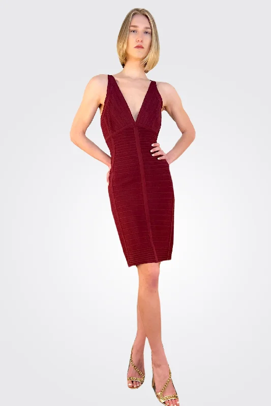 Charming Women's Holiday Apparel Deep V Mini Dress - Beet