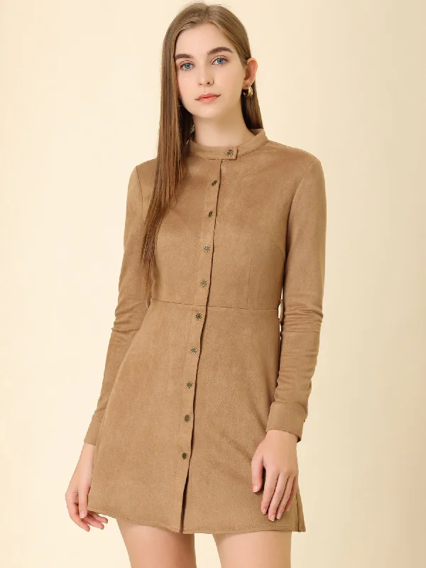 Women's Evening Outfit Casual Long Sleeve Faux Suede Belted Button Down Mini Dress