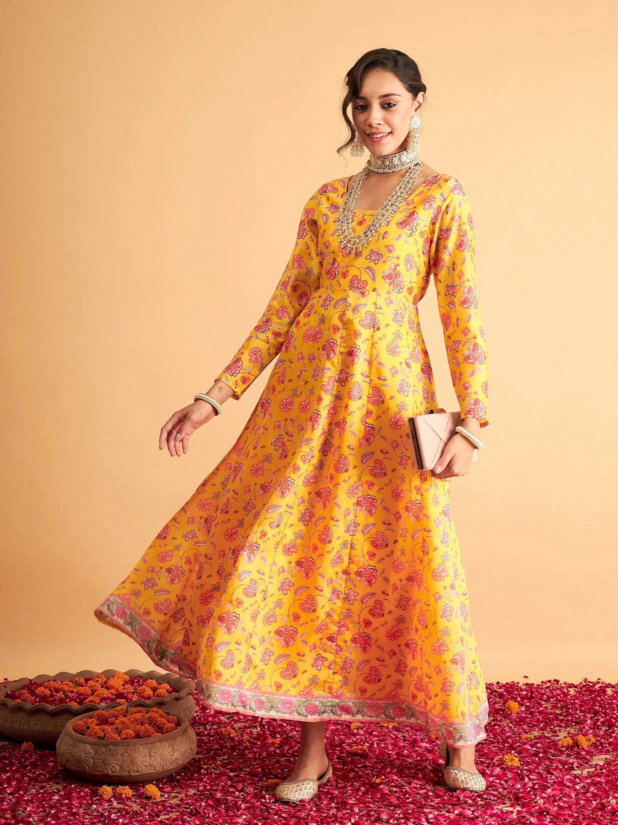 Affordable Women's Clothing Women Yellow Floral Anarkali Maxi Dress-SHDRS11641XS