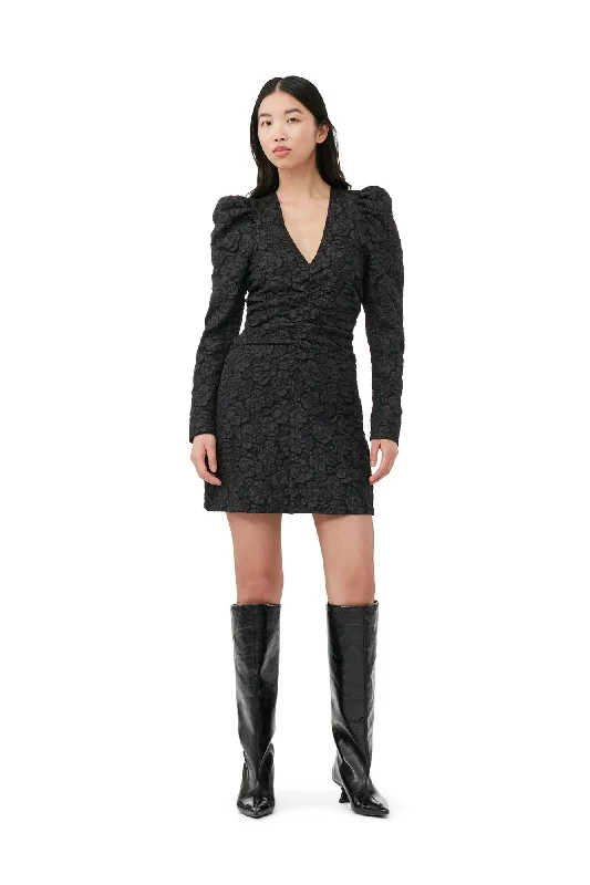 Women's High-End Clothing V Neck Mini Dress - Black Jacquard