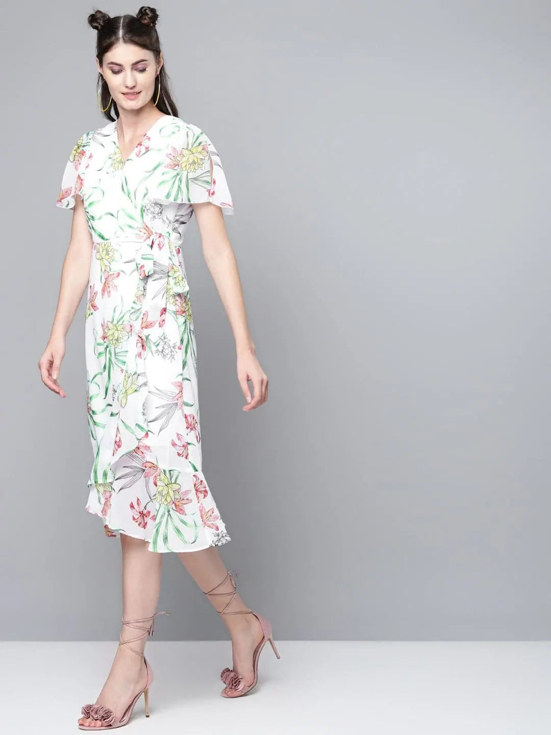 Women's Fashion Clothes White Floral Wrap Midi Dress