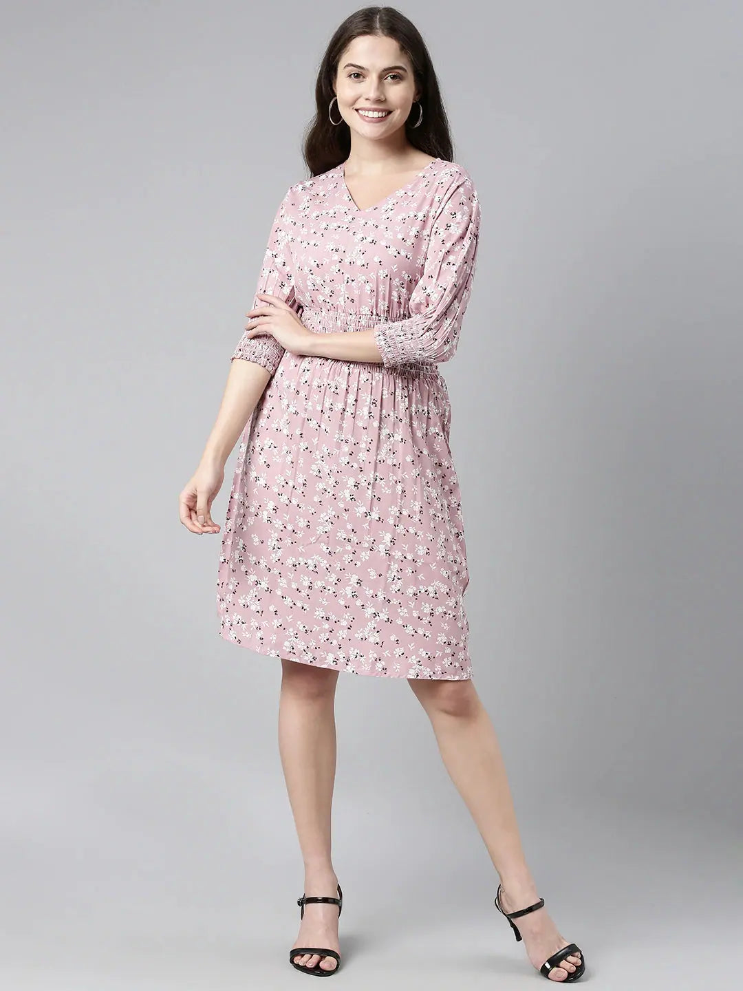 Women's Functional Outdoor Garments Ahika Women Mauve White Floral Print Crepe Fit Flare Dress