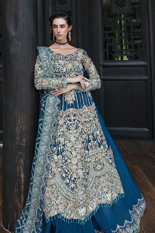 Women's Outerwear Clothing Luxury Pakistani Wedding Dress Embroidered Gown Pishwas in Blue Shade