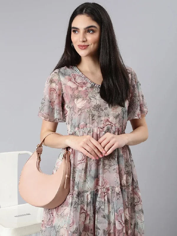 Women's Clothing Outfit Set Women Grey Floral Empire Dress-DW-3456-Grey