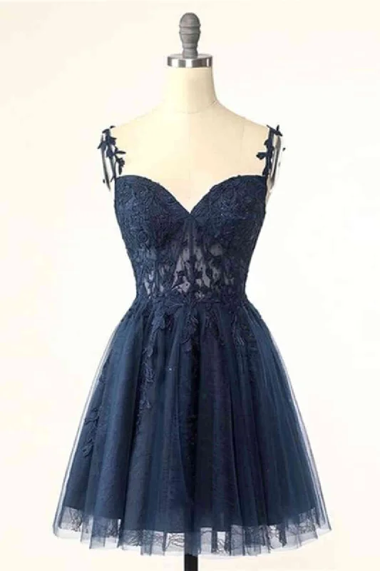 Women's Stylish Vacation Attire Short Navy Blue Homecoming Dresses 2025 Lace Wedding Guest Dress