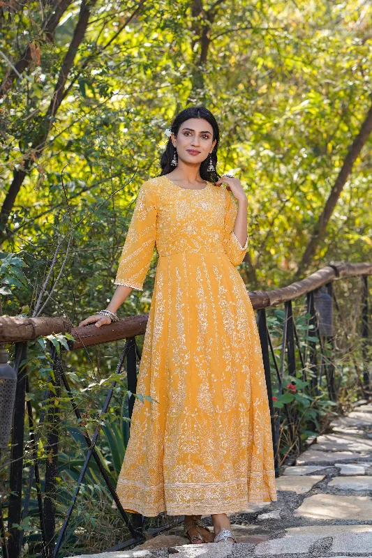 Women's Classic Outfit Juniper Yellow Floral Printed Georgette Maxi Dress With Beads Kantha Work & Sequins At Neckline