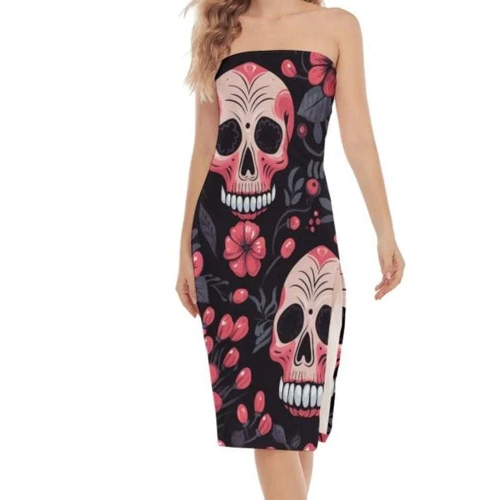 Women's Comfortable Apparel Women's Pink Floral Skulls Side Split Tube Top Dress