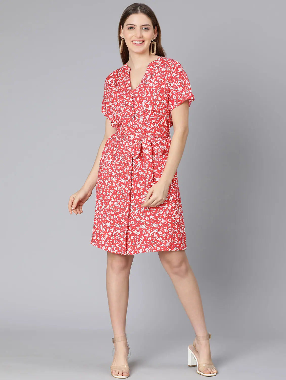 Women's Casual Wear Clothes Aglow Red Floral Print Women Tie-Knot Casual Dress