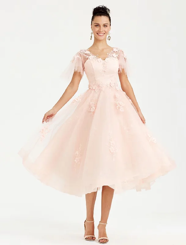 Women's Transitional Outfit A-Line Prom Dresses Elegant Dress Wedding Guest  Short Sleeve V Neck Tulle with Appliques