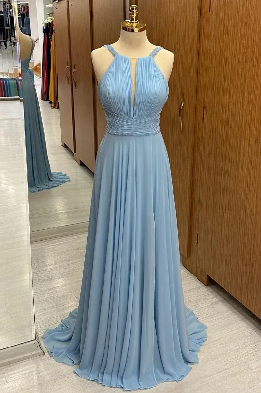 Women's Elegant Formal Outfit Light Blue Plunging V Beaded Chiffon Wedding Guest Dress