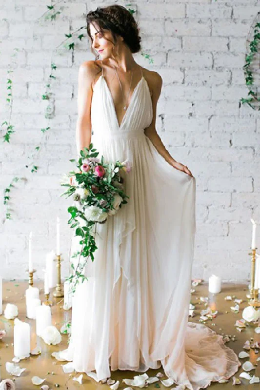 Chic Clothing For Women Sexy A-Line Deep V-Neck Backless Chiffon Boho Wedding Dresses with Pleats gh2519