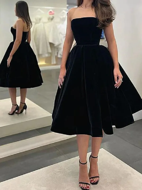 Affordable Luxury Women's Garments Sexy Black Velvet Wedding Guest Dress Strapless Knee Length Prom Dresses Short