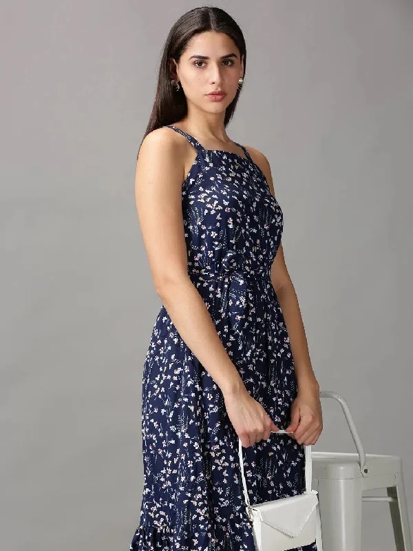 Women's Classic Attire Women's Navy Blue Floral Fit and Flare Dress-AE-15665-Navyblue