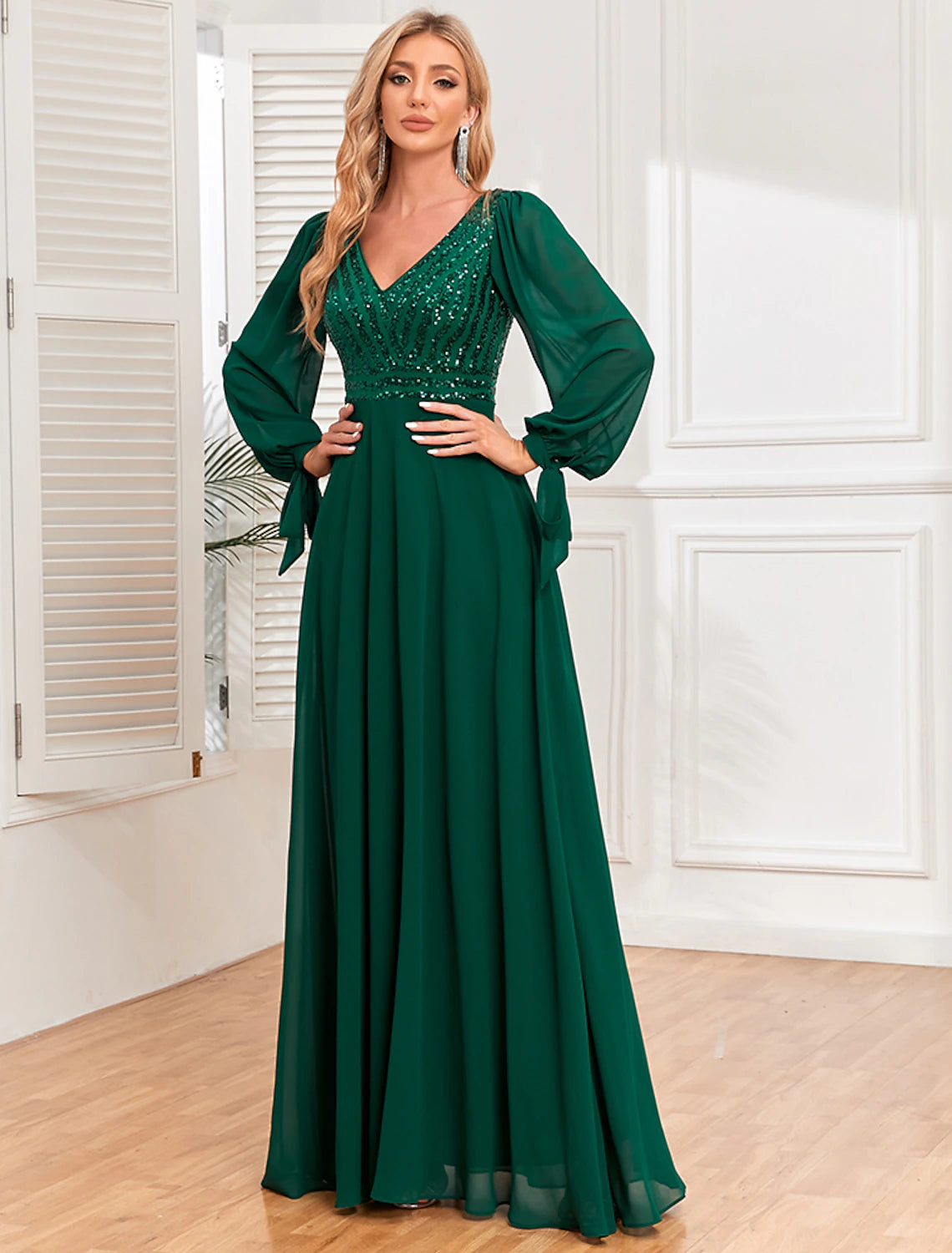 Modern Women's Outfit A-Line Evening Gown Empire Dress Evening Party Floor Length Long Sleeve V Neck Fall Wedding Guest Chiffon V Back with Sequin