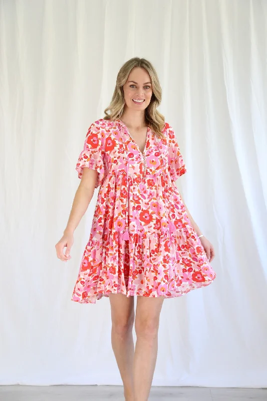 Women's Seasonal Attire Salty Bright Arabella Pink Red Floral Mini Dress