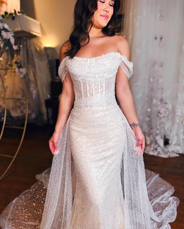 Stylish Women's Garments For Holidays Sparkly Off Shoulder Sequins Wedding Dresses Mermaid With Train