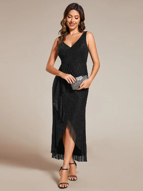 Comfortable Women's Apparel Shimmer V Neck Midi Length Wedding Guest Dress With Spaghetti Straps