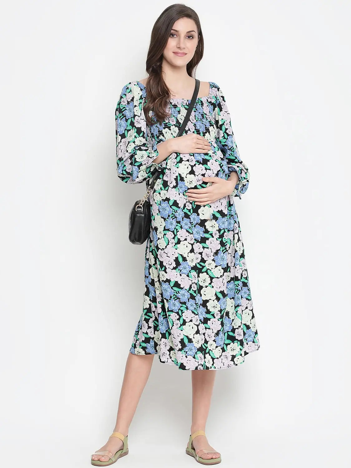 Women's High-Fashion Apparel Oxolloxo Camp Of Colors Floral Print Easy Maternity Smocking Dress