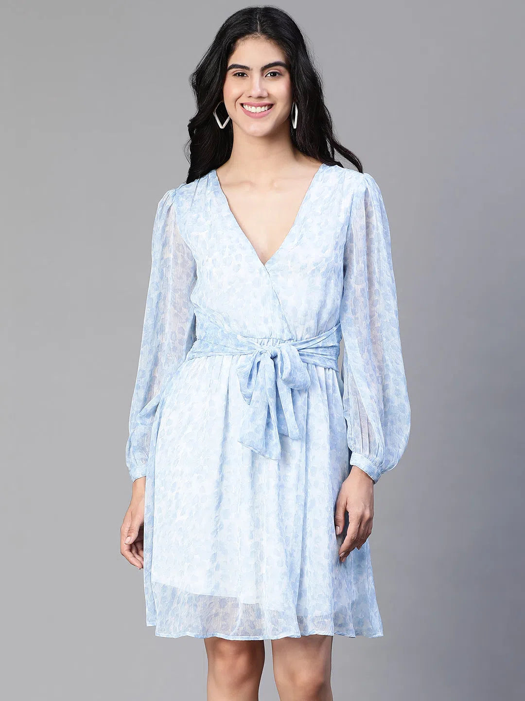 Women's Travel Garments Women Blue Floral Print Elasticatedtie-Knot V- Neck Flared Dress-S23126WDR001