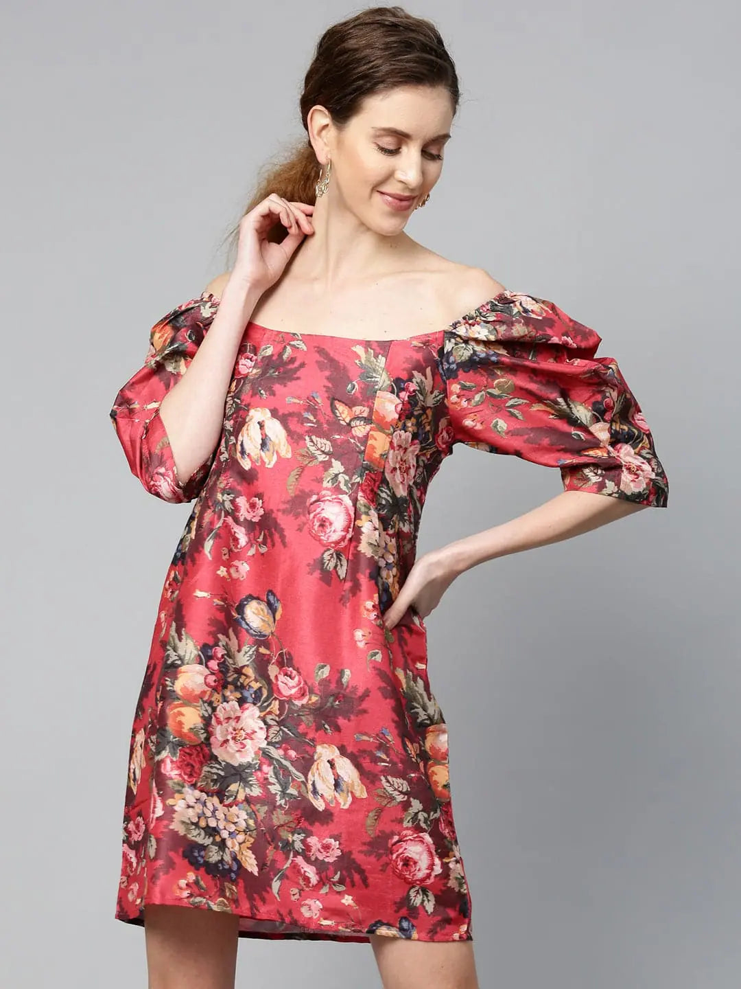 Casual Clothing For Women Red Floral Puff Sleeve Shift Dress