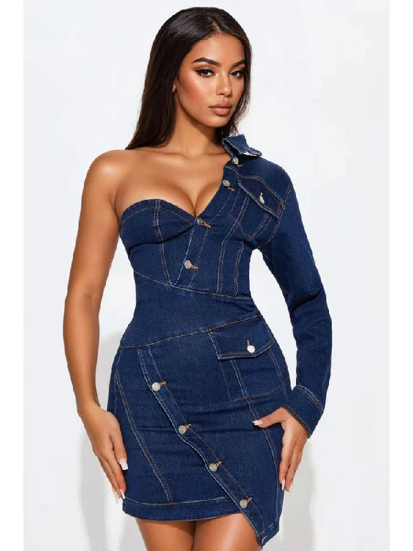 Sustainable Women's Clothes Denim One Shoulder Lapel Mini Dress